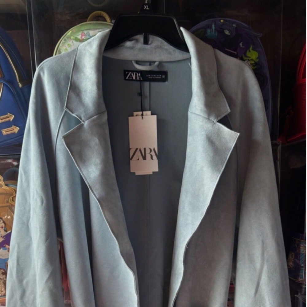 Zara Blue Faux Suede Tie Coat Women Size XL